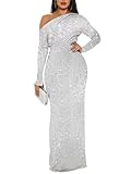 Eightale Plus Size Long Sleeve Sequin Prom Dress for Women Silver Off The Shoulder Sparkly Mermaid Fall Formal Wedding Guest Dresses Floor Length 20