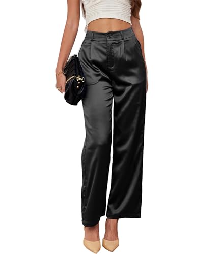 Fakanhui Pantalones de pierna ancha para mujer, para trabajo, fiesta, boda, casual, pantalones de satén para salir por la noche, Negro -, Large
