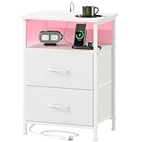 Somdot Bedside Table with Charging Station and LED Light, Small Bed Side Table for Bedroom Dorm Kids Room Closet, 2 Drawers Bedside Cabinet with 2 Outlets and 2 USB Ports, White Leather