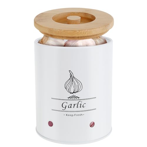 ZLHETWT Large Ceramic Garlic Keeper, Farmhouse Style Garlic Storage Box with Wood Lid, Ventilated Garlic Saver, 2.3L, White