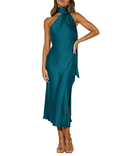 Image of Sexyshine Women's Elegant Halter Tie Neck Sleeveless Satin Long Dress Backless Split Cocktail Party Formal Wedding Maxi Dress