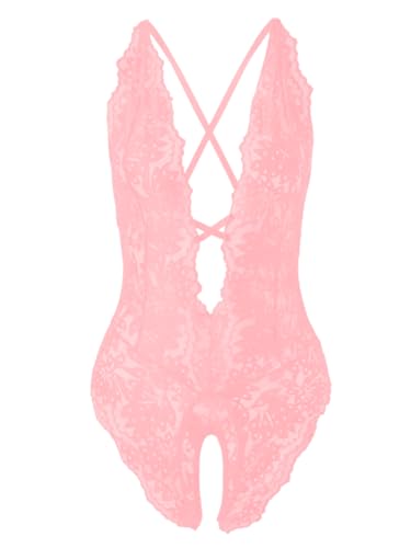 Image of SOLY HUX Women's One Piece Lingerie Sexy Lace Babydoll Deep V Teddy Criss Cross Backless Teddy Mini Bodysuit