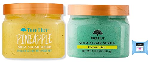 T H Tree Hut Shea Sugar Body Scrub, Pineapple, Coconut Lime,18oz, 2PK, With Single Fragrance-Free Makeup Remover Cleansing Towelette