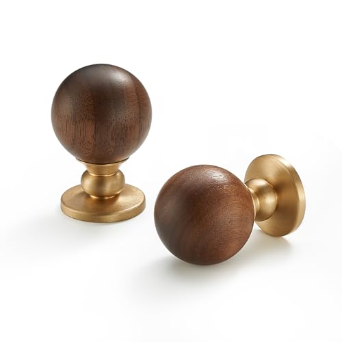 FLIRABBIT Wood and Brass Cabinet Knobs, 1-1/8inch Round Drawer Pull,