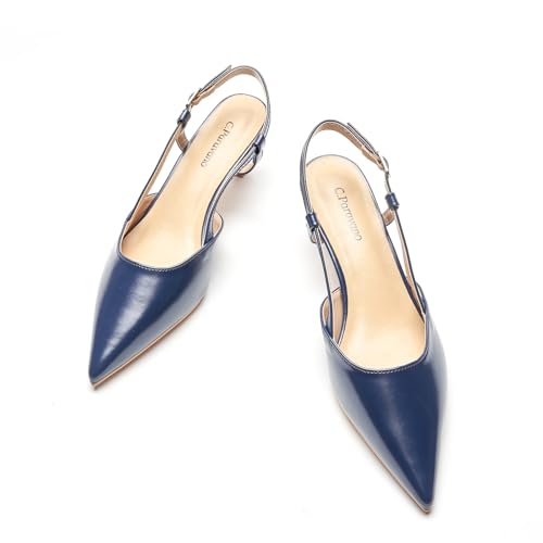 C.Paravano Slingback Heels for Women Pointed Toe Heels Sandals Slingback Pumps Low Heel Pointed Kitten Heels Slip On Work Pumps Dress Shoes(Size5.5,Navy Heel)