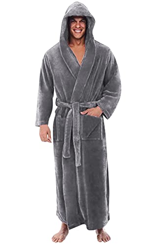 Oanviso Homme Peignoir Allongé Bathrobe avec Capuche Pyjama Deux Poches Classique Chaude Robe de Chambre Luxe Peignoirs de Bain en Polaire Vêtements de Nuit Automne et Hiver A Gris L Cover
