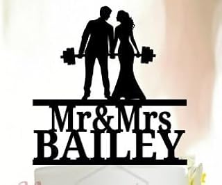 Fitness Couple Cake Topper,Barbells lifting Cake Topper,Weight lifting Groom and Bride Cake Topper,Surname Cake Topper,Custom Toppers,Rustic Elegant Classic Silhouette Cake Toppers for Party.