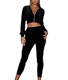Women's Tracksuit Set 2 Piece Velvet Zip Crop Top Sweatshirt and Jogger Pants Outfits (Black, Small)