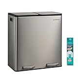 SONGMICS Mülleimer Küche, 2 x 30 L, Mülltrennsystem 2 Fächer, Abfalleimer mit 15 Müllbeuteln, Tretmülleimer, Inneneimer herausnehmbar, Softclose-Deckel, Griffe, Edelstahl, silbern LTB160EZ01
