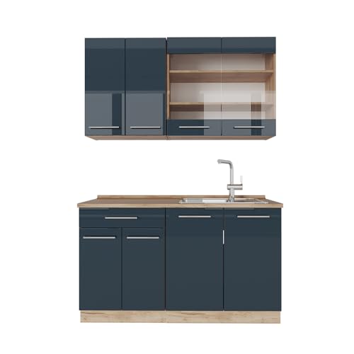 Vicco Singleküche Fame-Line, Dunkelblau Hochglanz/Goldkraft Eiche, 140 cm, AP Eiche, zur freien Kombination mit ergänzenden Küchenmodulen