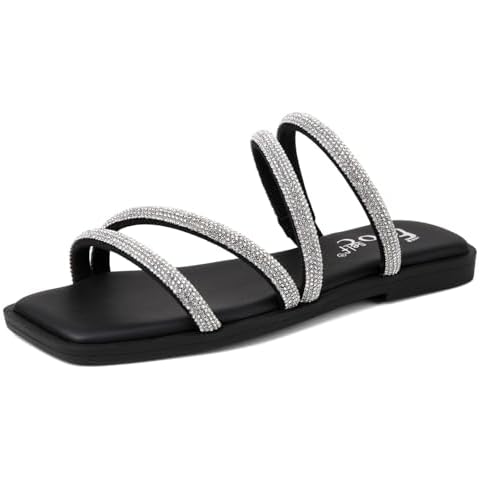 DUNION Women's Finlee Square Open Toe Slip-On Slide Rhinestone Flat Sandals Comfortable Casual Summer Shoes,BLACK,8.5 M US Cover