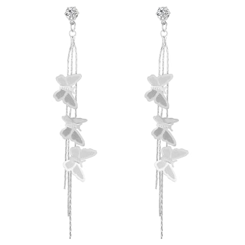Mabor Pendientes de mariposa de plata para mujer, aretes largos de mariposa para niñas con diamantes de imitación, aretes de borla de mariposa para mujer, aretes Y2K para fiesta de graduación