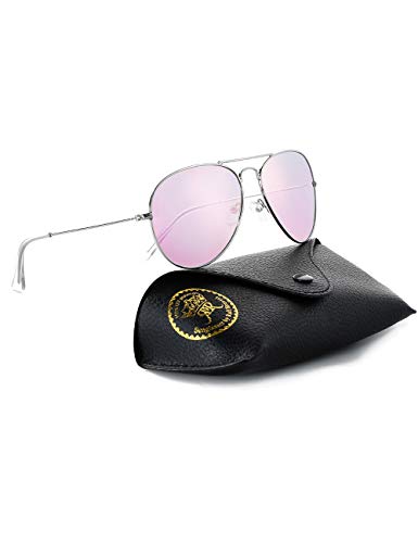 Retro Polarized Sunglasses for Women UV Protection Fashion Sun Glasses with Case 58MM(Silver, Pink Mom)