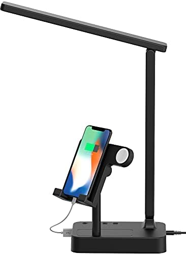 Drevet 3 in 1 LED Desk Table Lamp with Cell Phone Holder and Apple Watch Charger Stand, Eye-Caring Foldable Desk Light with USB Charging Port, 3 Level Brightness, Memory Function, Touch Control, Black