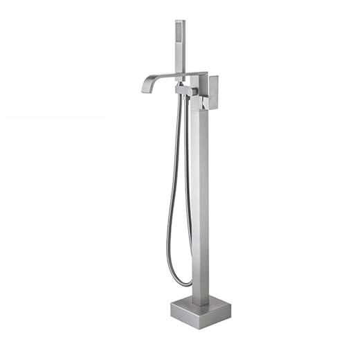 NJDQFA Grifo Bañera Cascada con Ducha De Mano,Latón Monomando Suelo Grifo Ducha,Caliente Y Fría Grifo De Pie para Bañera Exenta,Brushed Nickel