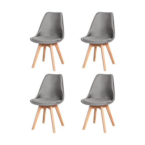 EGGREE Lot de 4 Chaise en Velours SGS Tested Chaise Salle a Manger Scandinaves Chaise de Cuisine Rembourrée avec Pieds de Bois Hêtre, Gris Foncé
