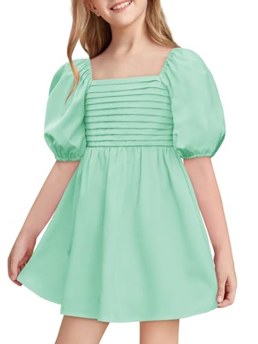 Haloumoning Girls Summer Dress Kids Square Neck Puff Sleeve A-Line