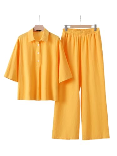 Women 2 Piece Cotton Linen Outfits Casual Loose 3/4 Sleeve Button Tops High Waist Wide Leg Pants Suit with Pockets4