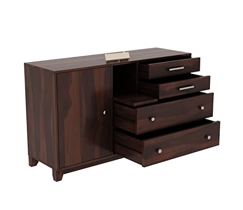 Image of Solid Sheesham Wood Wooden Sideboard Cabinet & Chest of Drawers with 4 Drawer and 3 Shelve Storage | Multipurpose Storage Cabinet Rack for Bedroom Home Living Room (Design 2)