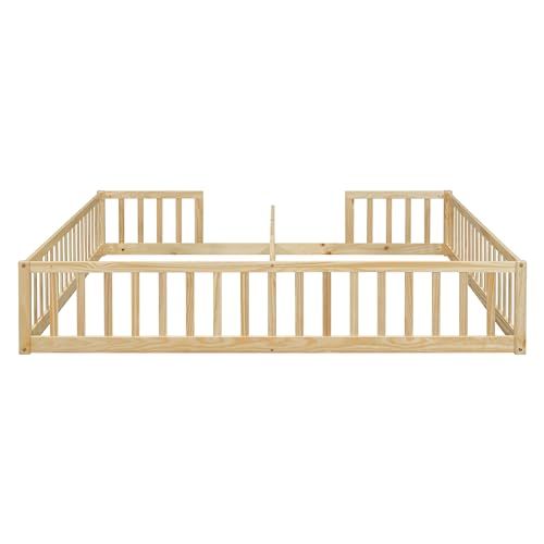 PVWIIK Twin Size Double Frame Floor Bed with Fence for Girls & Boys,Montessori Floor Bed w/Safety Guardrails for Girls,Boys,No Box Spring Needed, Natural