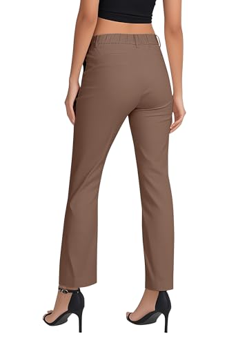 EXCHIC Damen Komfortabel Dehnbar Gerade Bein Freizeit Hosen Hohe Taille Arbeitshose mit Taschen(M, Tiefer Kaffee)
