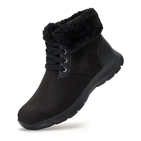 Puxowe Women Winter Ankle Boots Warm Fur Lined Snow Shoe Lace Up Safety Work Hiking Walking Shoes Trainer for Ladies Indoor Outdoor 6 UK Black Cover