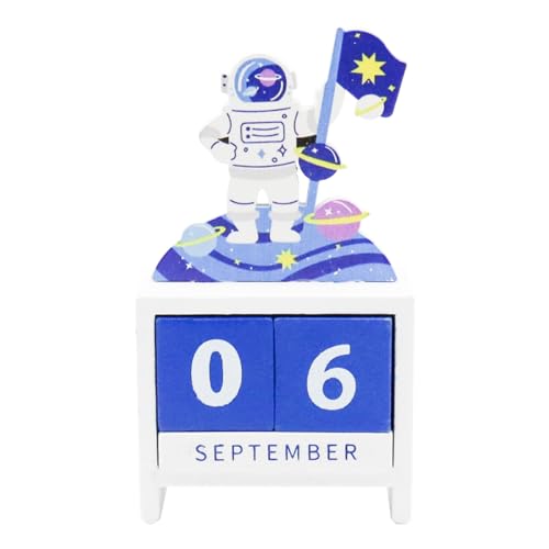 NUZAMAS Calendário de mesa, blocos de mesa de madeira, espaço, calendário de mesa perpétuo, astronau