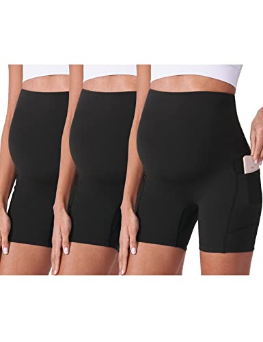 POSHDIVAH 3er-Pack Umstands-Biker-Shorts über dem Bauch, Sommer, bequem, Schwangerschaft, Yoga, aktiv, Workout, athletisch, kurze Hose, 12,7 cm/20,3 cm, Schwarz/Schwarz/Schwarz 12,7 cm, Mittel Cover