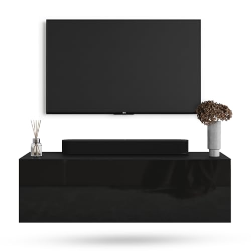 Planetmöbel Meuble TV West, Table TV 100 cm de Long, Meuble Tele Suspendu ou posé au Sol, Table Television pour Salon, Meuble TV 37,8 x 100 x 30 cm, Noir
