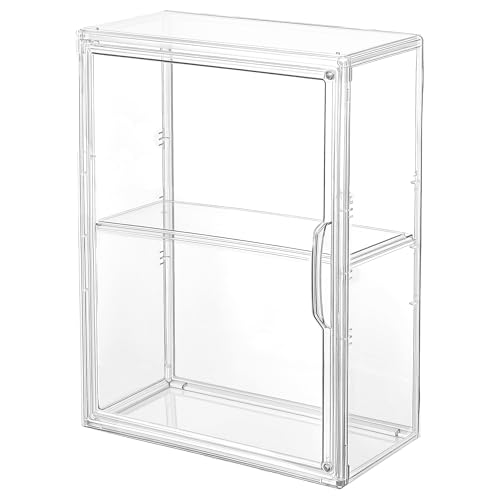Image of Acrylic Wall Mount Display Case for Collectibles Figures, 2 Tier | Damage-Free Adhesive Strips for Wall Mounting; Adjustable Partition Shelves; Clear Display; Magnetic Closure to Keep Dust Out
