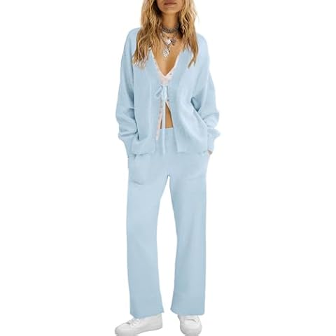 ReachMe Womens 2 Piece Lounge Sets Oversized Fall Outfits Cardigan Sweaters Wide Leg Pants Knit Matching Set Tracksuits (Light Blue,S) Cover