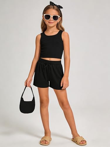 Image of Cakaner Tween Girls 2 Piece Outfit Set Summer Tank Top and Elastic Waist Shorts with Belt Size 7-14