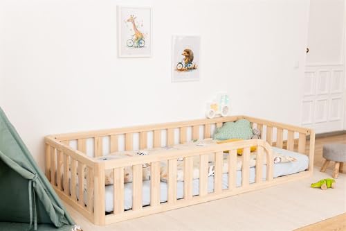 Mandrele - Montessori Bett, Bodenbett mit Lattenrost, Rausfallschutz Bett, Kinderbett, Holzbett mit Bettgestell für Jungen und Mädchen, 140x200 cm, Natur