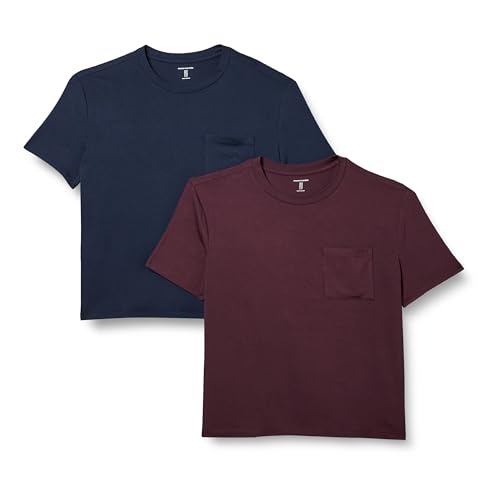 Amazon Essentials Women's Jersey Relaxed-Fit Short-Sleeve Crewneck Pocket T-Shirt, Pack of 2, Burgundy/Navy, S