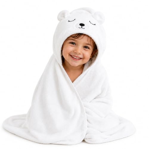 Toalha Infantil com Capuz Urso Polar 90x90cm Macia para Bebê Branca | Macia, leve, aconchegante, pós-banho, piscina, praia, enxoval e maternidade