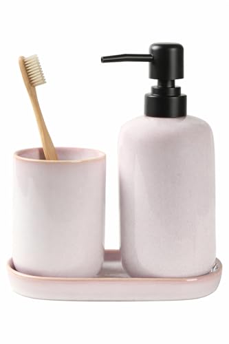 SHIIANN Ceramic Bathroom Accessories Set, Light Pink Glossy Soap Dispenser 15.5oz & Toothbrush Holder 10.6oz with Tray, Modern Countertop Set for Bathroom, Vanity, Kitchen Sink