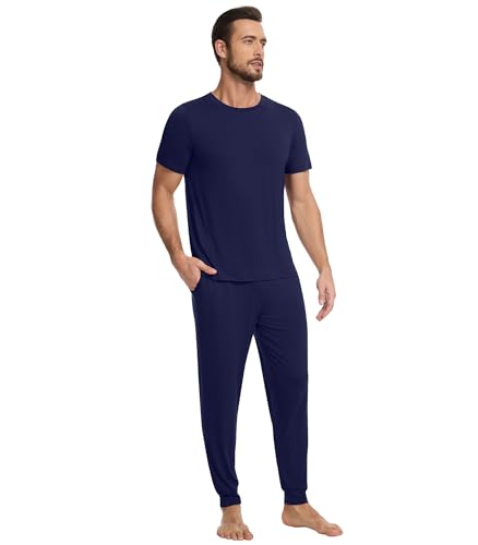 WiWi Men's Pajama Sets Viscose from Bamboo Sleepwear Short Sleeve Top and Pants Pjs Sets with Pockets Drawstring S-XXL4