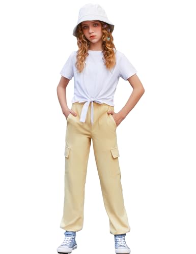 Image of Arshiner Girls 2 Piece Outfits Short Sleeve Tie Knot Front Tee Tops and Cargo Jogger Pants Set Kids Clothing Sets