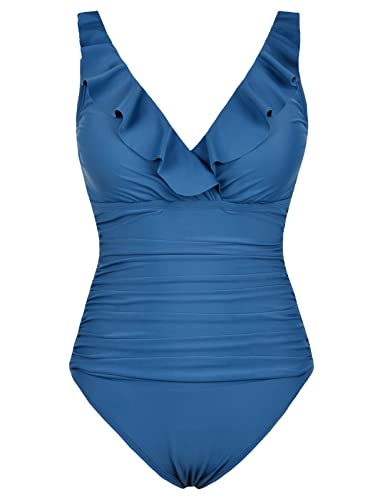 Mycoco Women's Ruffled V Neck One Piece Swimsuit Ruched Bathing Suit Tummy Control Swimwear4