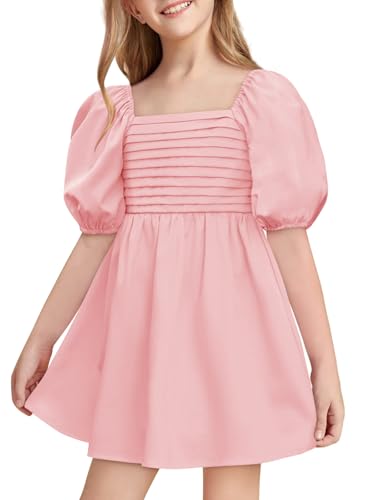 Haloumoning Girls Summer Dress Kids Square Neck Puff Sleeve A-Line