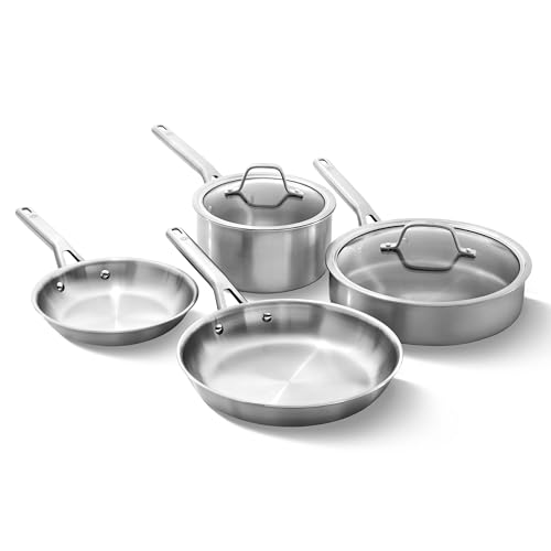 Image of Calphalon Brushed 3-Ply Stainless Steel Cookware Set w /Turbo Heat Tech 6 Piece Includes Frying Pans, Pots and Pans Set, Induction, Oven Safe 450F, Brushed Stainless Silver