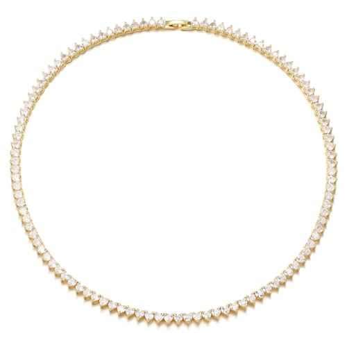 FEEL STYLE Heart Tennis Necklace for Women - 4mm 18K Gold Plated Diamond Necklace - Iced Out Choker Necklaces Cubic Zirconia Tennis Necklace 16inch