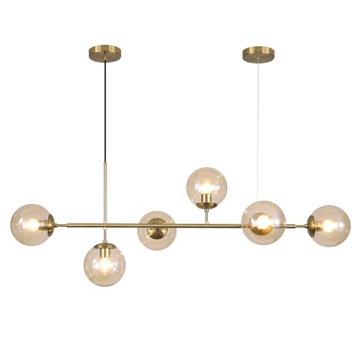 KCO Lampadario Lineare Globe a 6 Luci Lampada a Sospensione in Vetro Ambra Illuminazione per Isola Cucina Dorata Sputnik Lungo in Ottone per Sala da Pranzo sopra il Tavolo