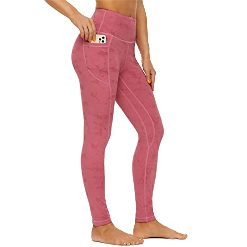 AMYTIS High Waisted Gym Leggings for Women UK,Stretch Soft Yoga Pants for Women, Tummy Control Workout Sports Exercise Running Leggings with Pockets Pink Red