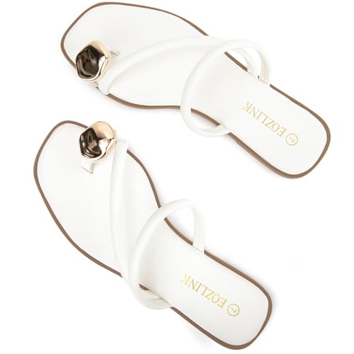 Image of Eozlink Women's Toe Ring Flat Sandals, Slip On Dressy Summer Slides | PU upper with square toe and metal accent for resort and casual outfits