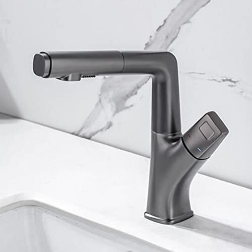 Robinet de lavabo salle de bains mitigeur eau chaude froide douchette extractible gris laiton