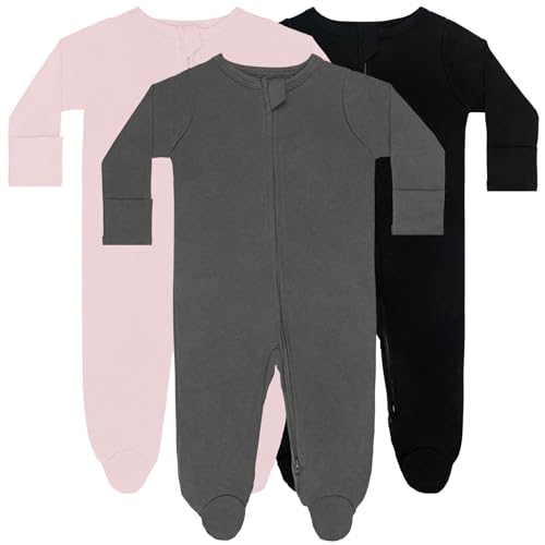 Image of GUISBY Long Sleeve Baby Footed Pajamas with Mittens Cotton Sleepers with Zipper 3-Pack