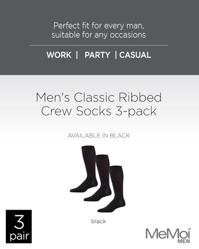 MeMoi Wide Ribbed Black Mens Crew Socks, Versatile and Comfortable Mens Dress Socks - Sizes 10-15, Pack of 32