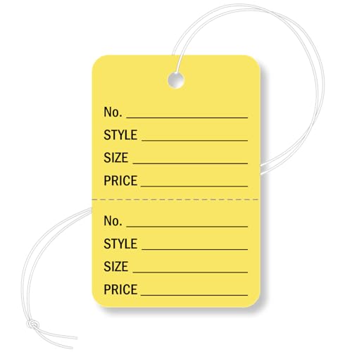 Etiquetas amarillas con cuerdas para ropa: organiza tu stock con campos preimpresos de precio.