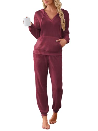 Image of Famulily 2 Pieces Ribbed Knit Outfits Drawstring Hoodies Jogger Pants Matching Pajama Sets with Pockets